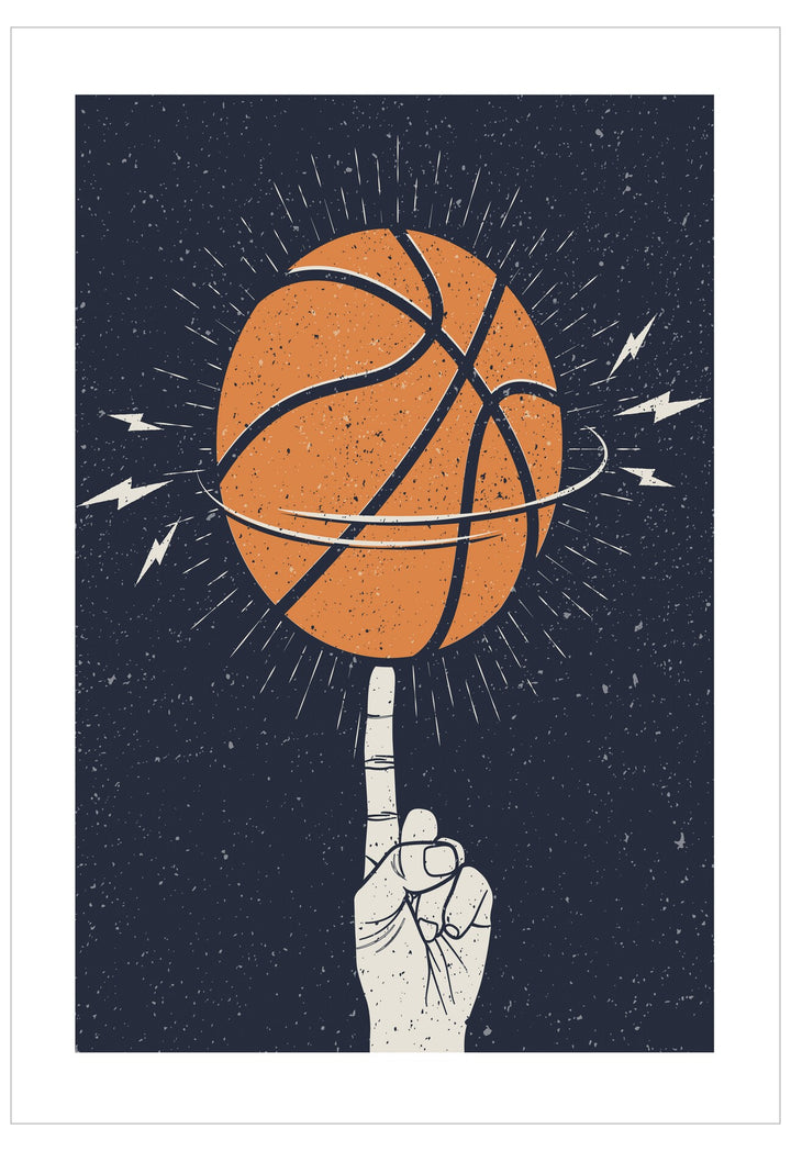Illustration of a hand with a finger pointing at a basketball against a dark background
