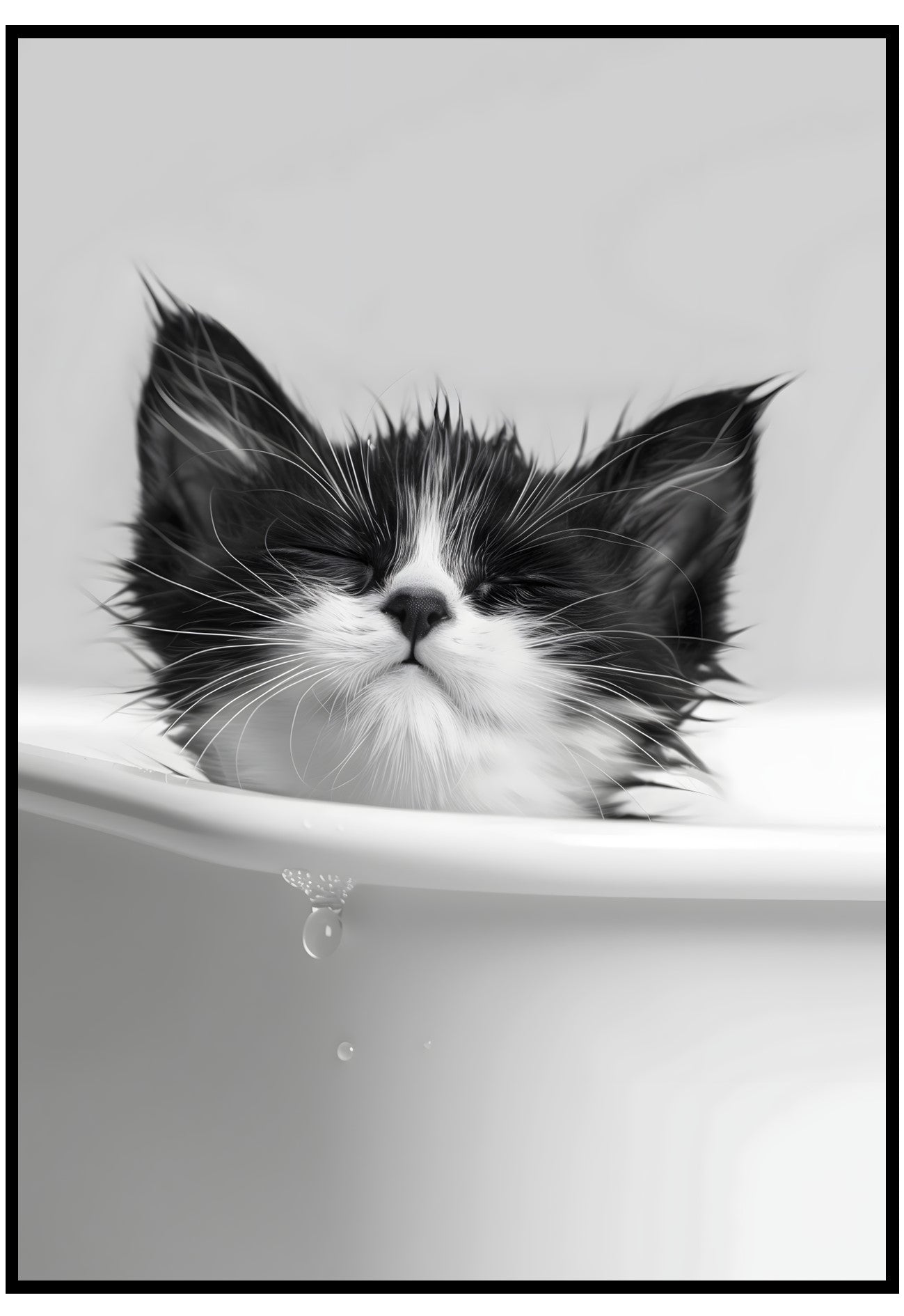 Black and white kitten in a bathtub with water droplets.