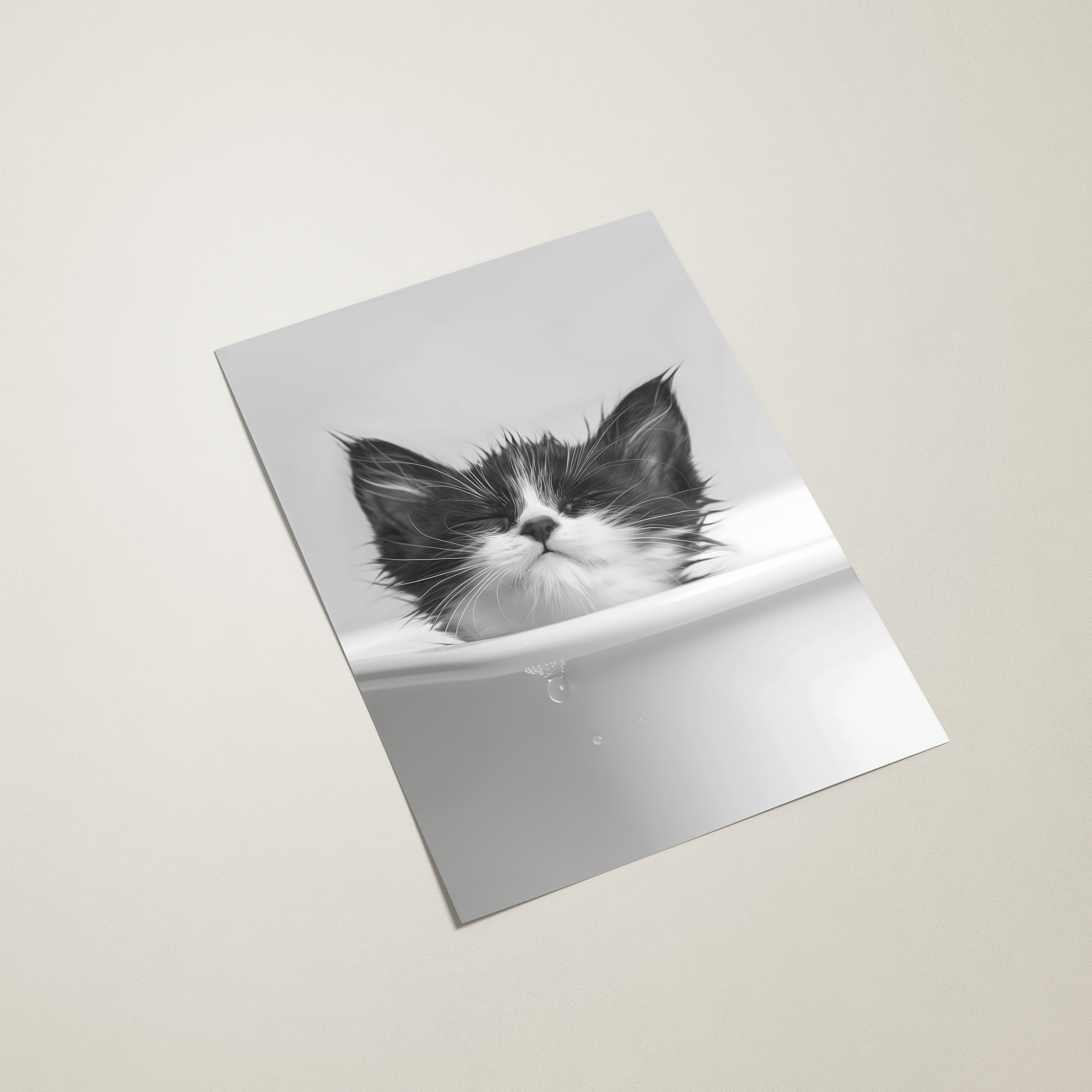 poster with a black and white cat image on a beige background