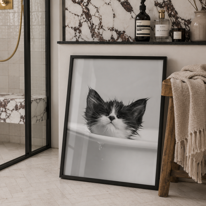 Framed black and white cat print on a bathroom wall with a bathtub and mirror.