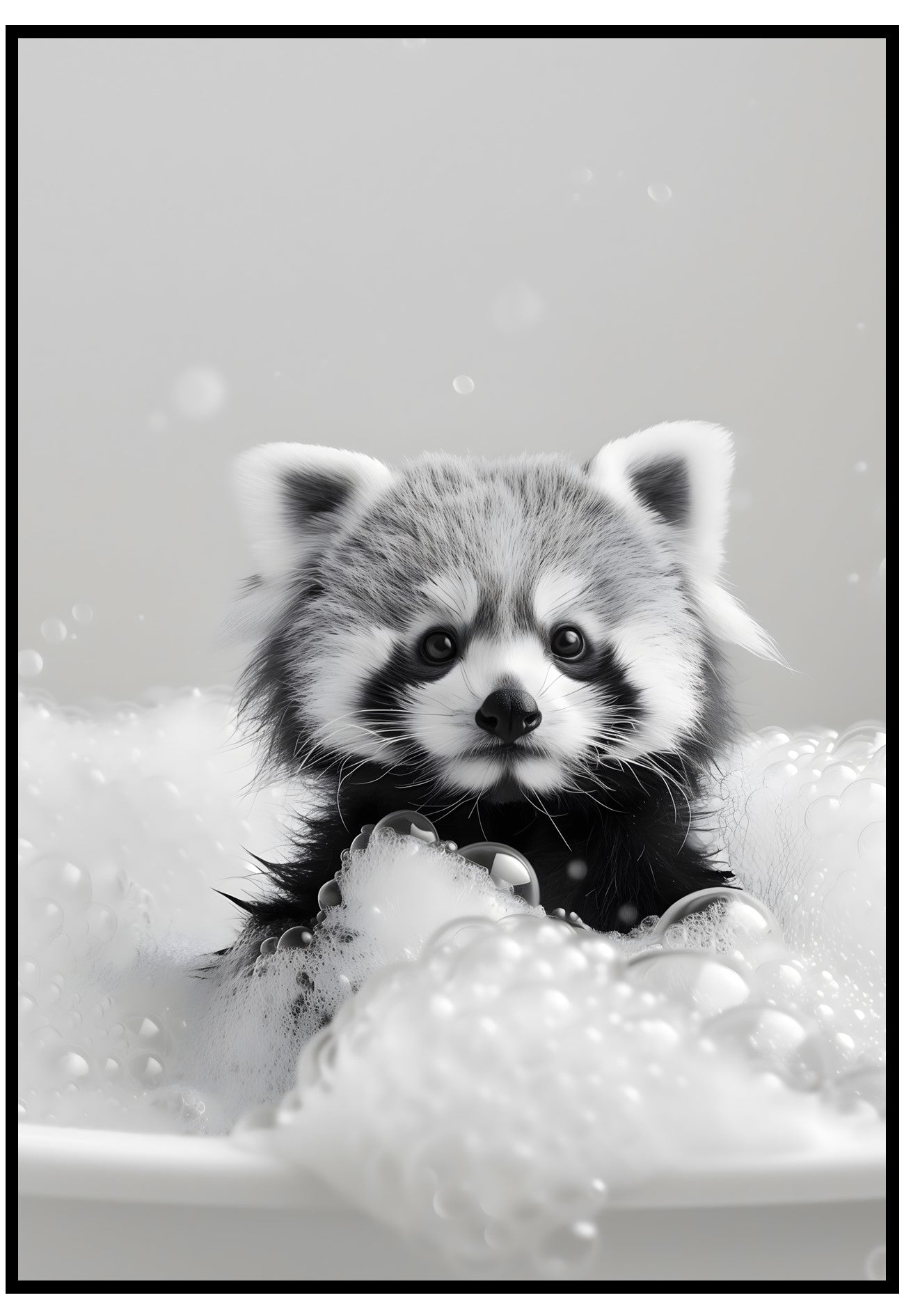 Black and white raccoon in a bath tub scene