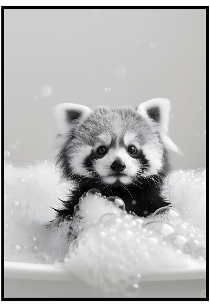 Black and white raccoon in a bath tub scene