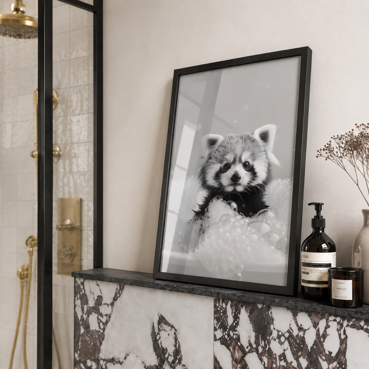 Framed picture of a raccoon on a shelf in a bathroom.