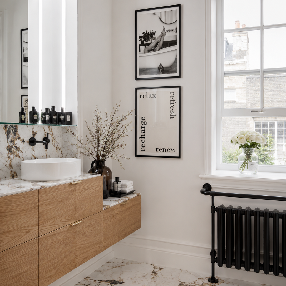 Bathroom interior with wooden vanity, mirror with lights, and decorative elements.