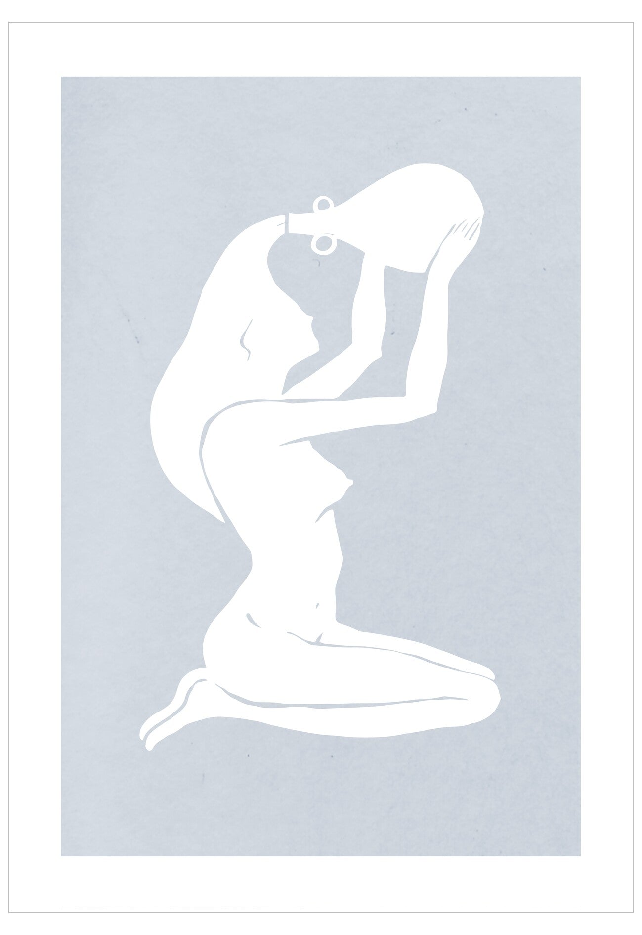 White silhouette of a woman sitting with her head in her hands on a light gray background