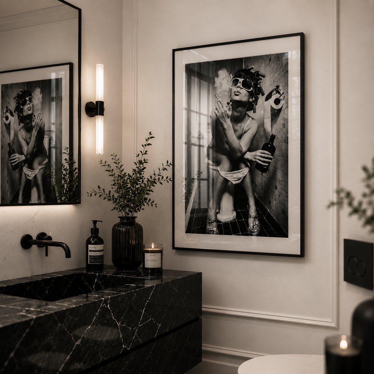 WC luxury marble toilet with black and white wall art photography
