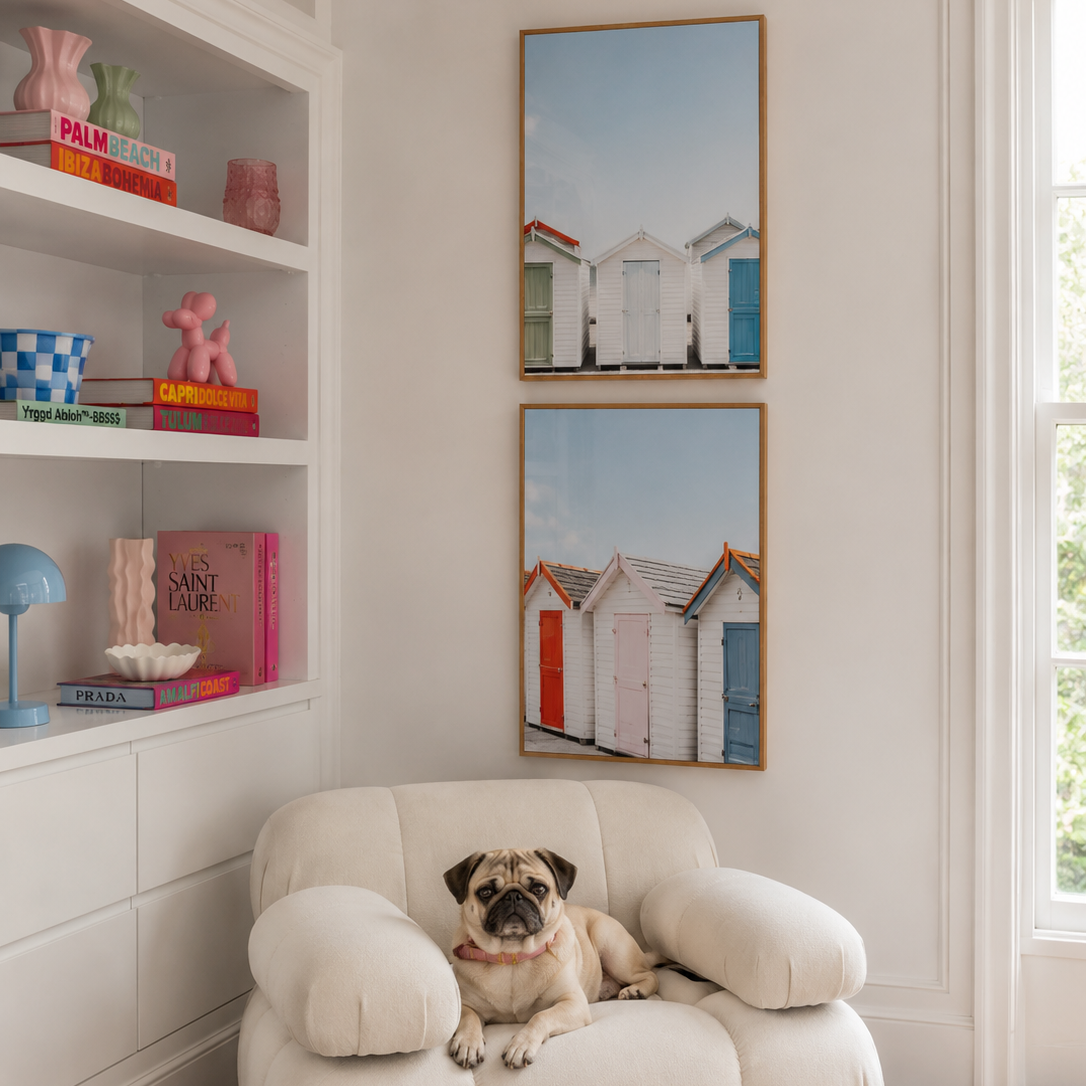 Dog sitting on a white armchair in a room with bookshelves and wall art.
