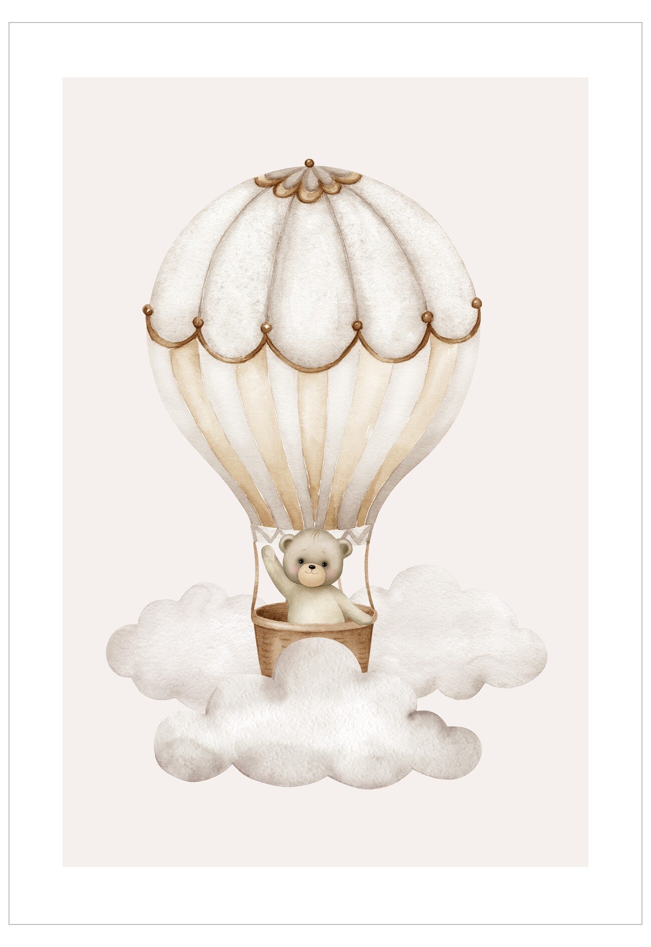 Illustration of a teddy bear in a hot air balloon floating on a cloud