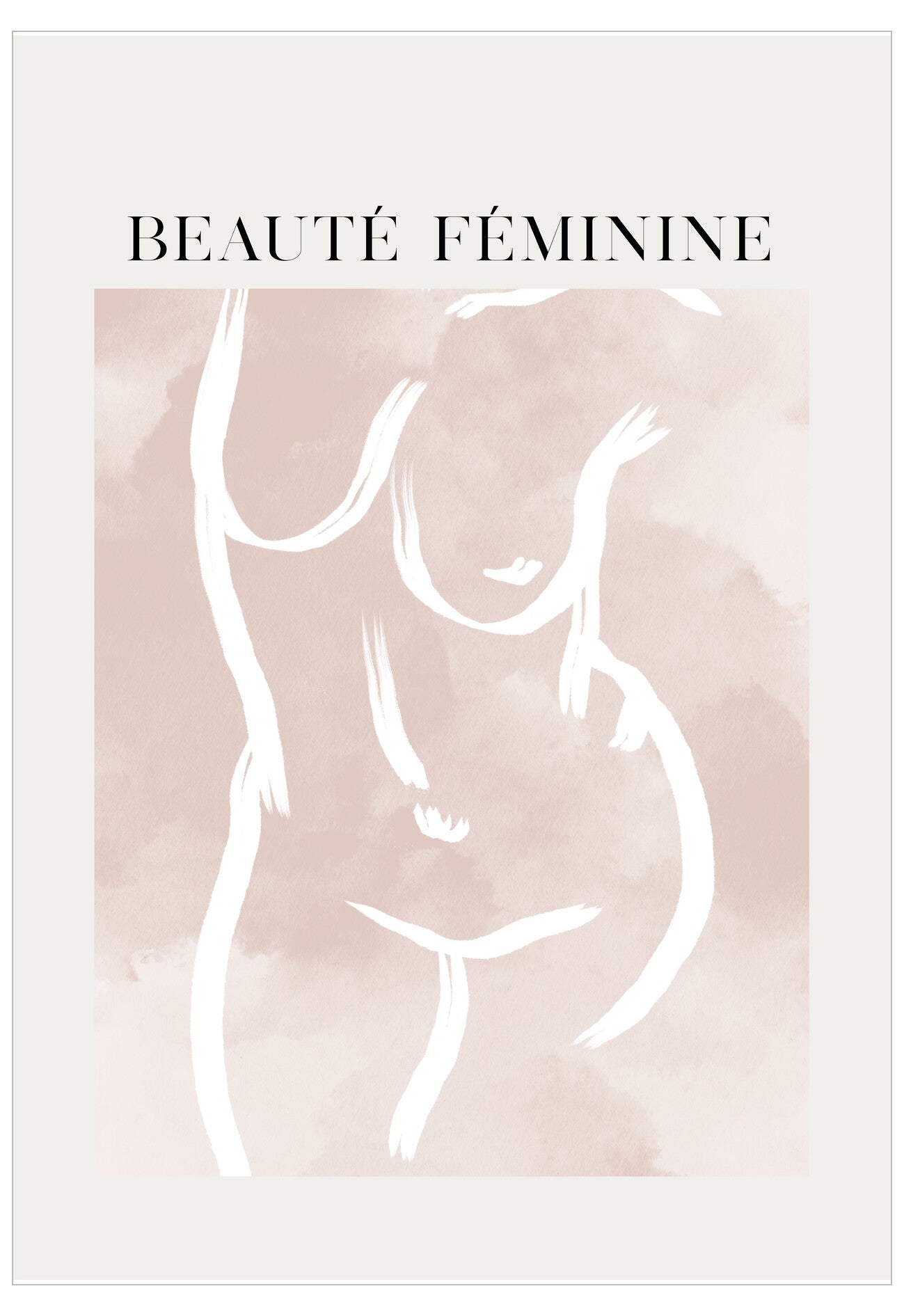 Poster with 'Beaçèté Féminine' text and abstract female silhouette on a pink background