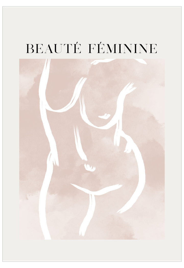 Poster with 'Beaçèté Féminine' text and abstract female silhouette on a pink background