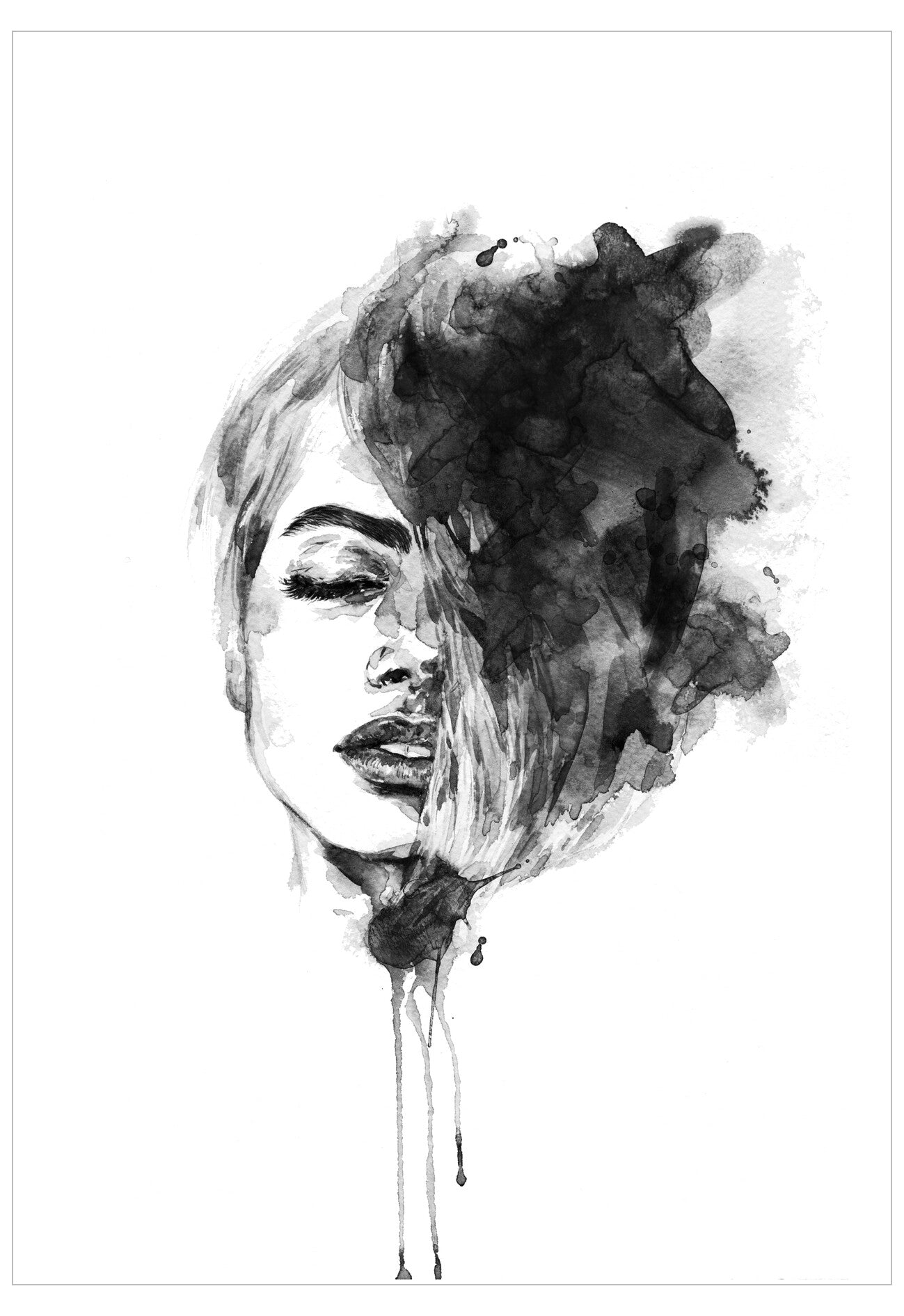 Black and white artistic depiction of a woman's face with abstract elements.