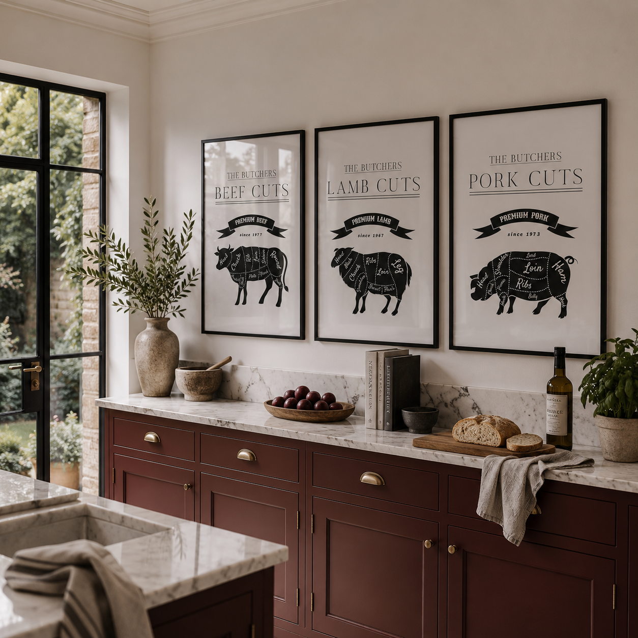 Kitchen with framed butcher charts on the wall