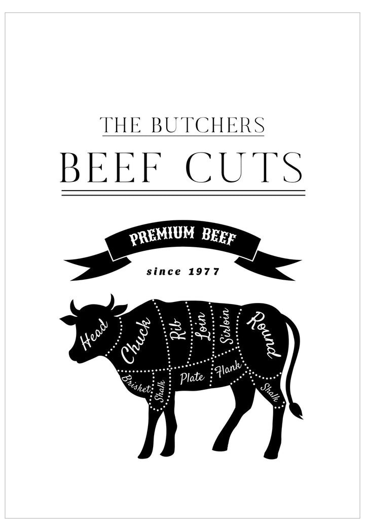 Diagram of beef cuts with 'The Butchers' branding on a white background