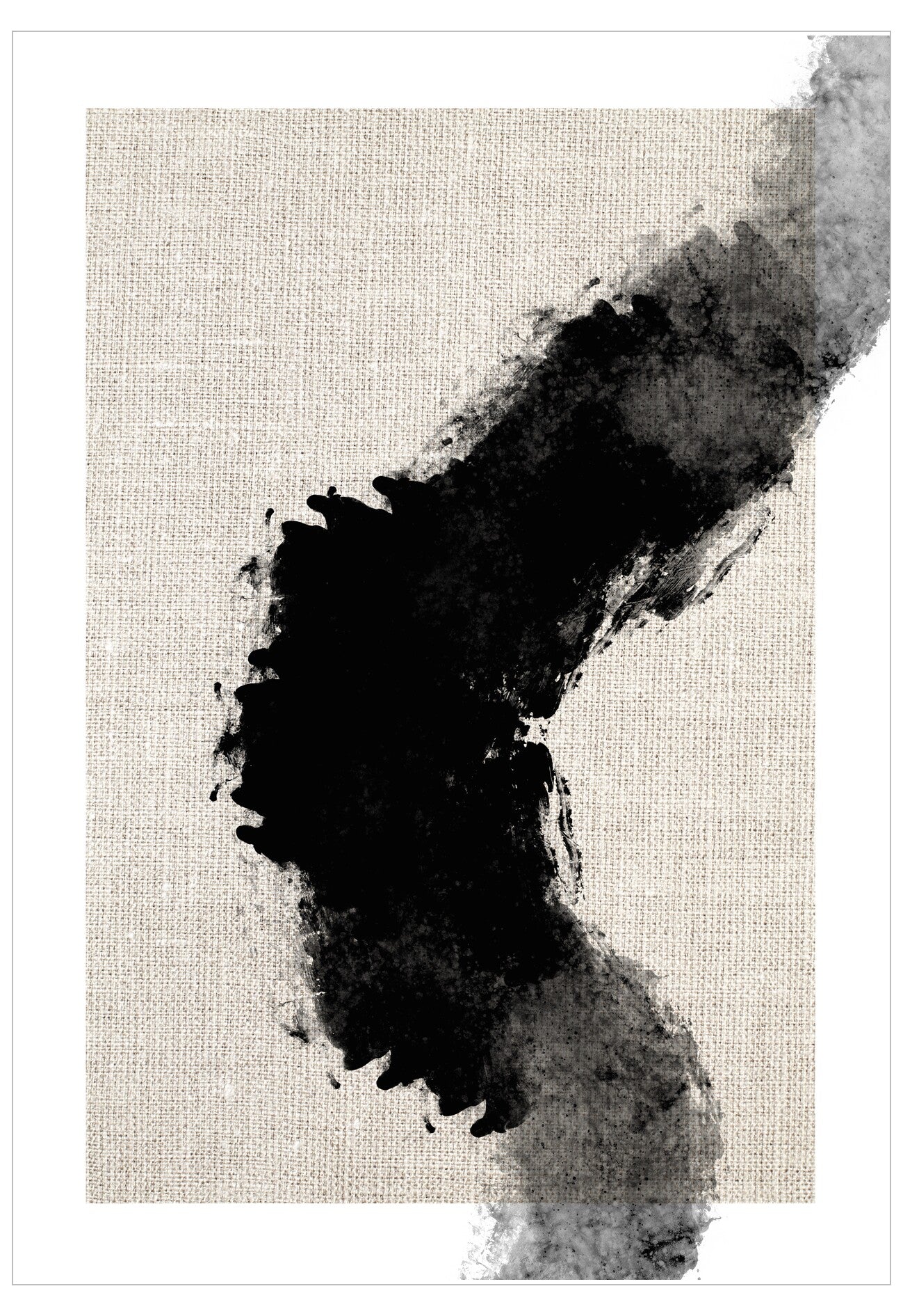 Black ink blot on textured beige paper