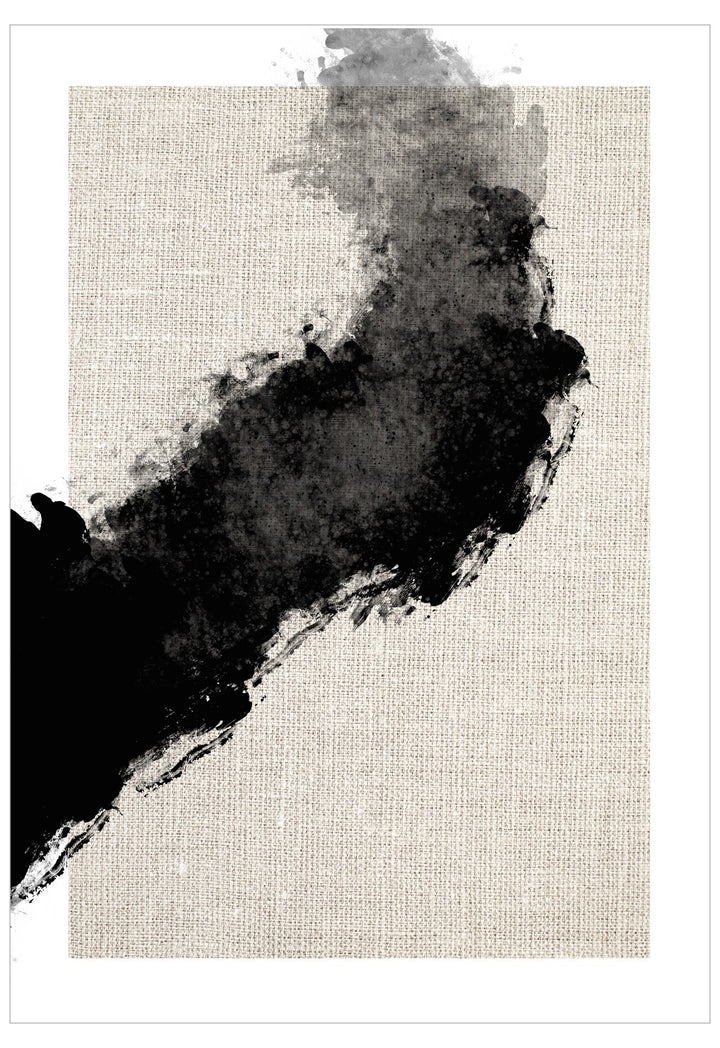 Black abstract watercolor stain on a textured beige background