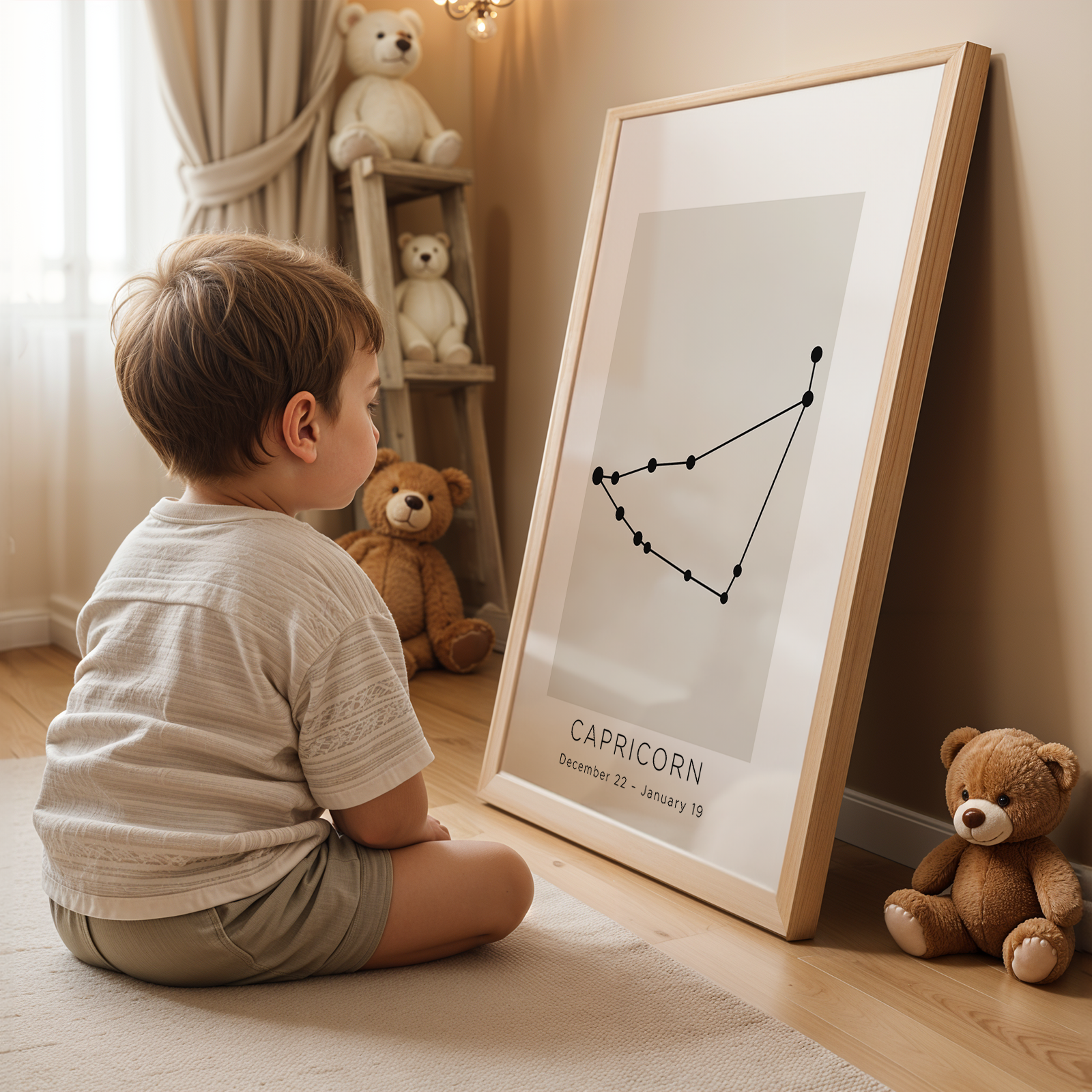 Child sitting on the floor next to a framed Capricorn constellation chart in a room with teddy bears.