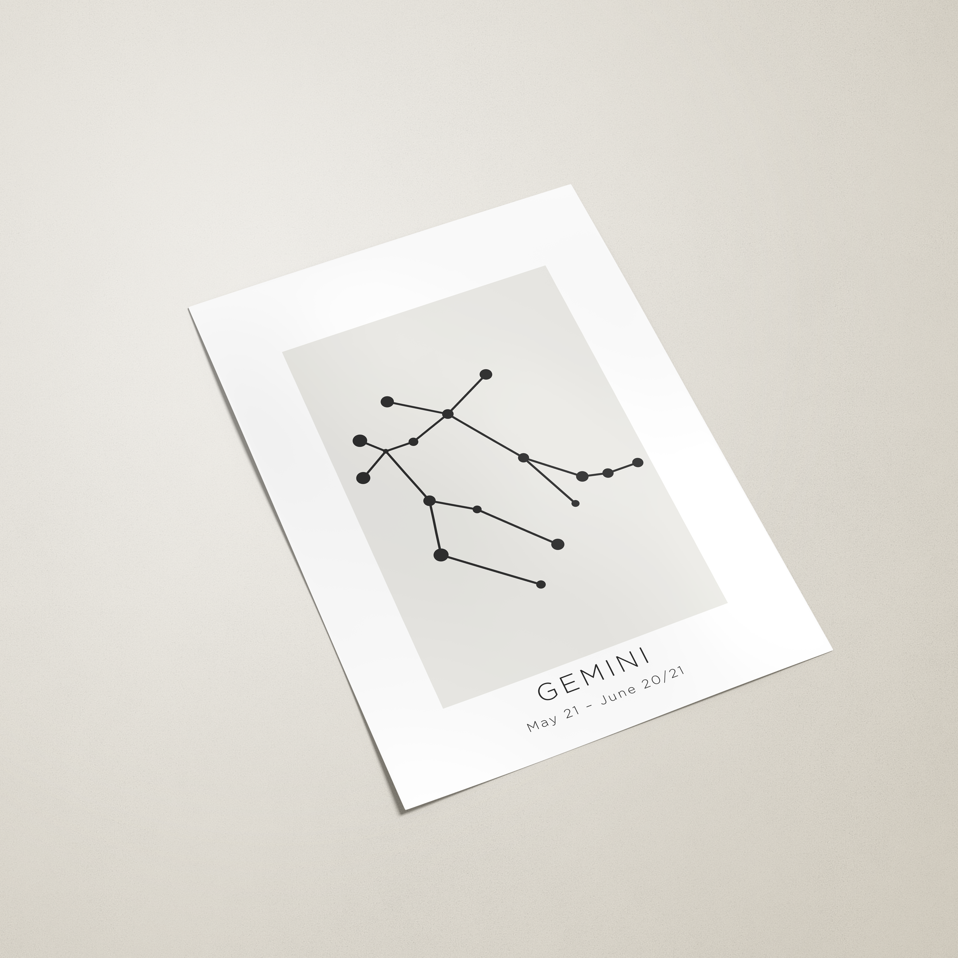 Geminis constellation print on a light gray background