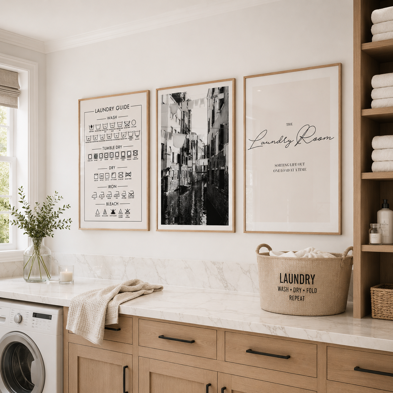 Modern laundry room with framed artwork and a laundry basket.
