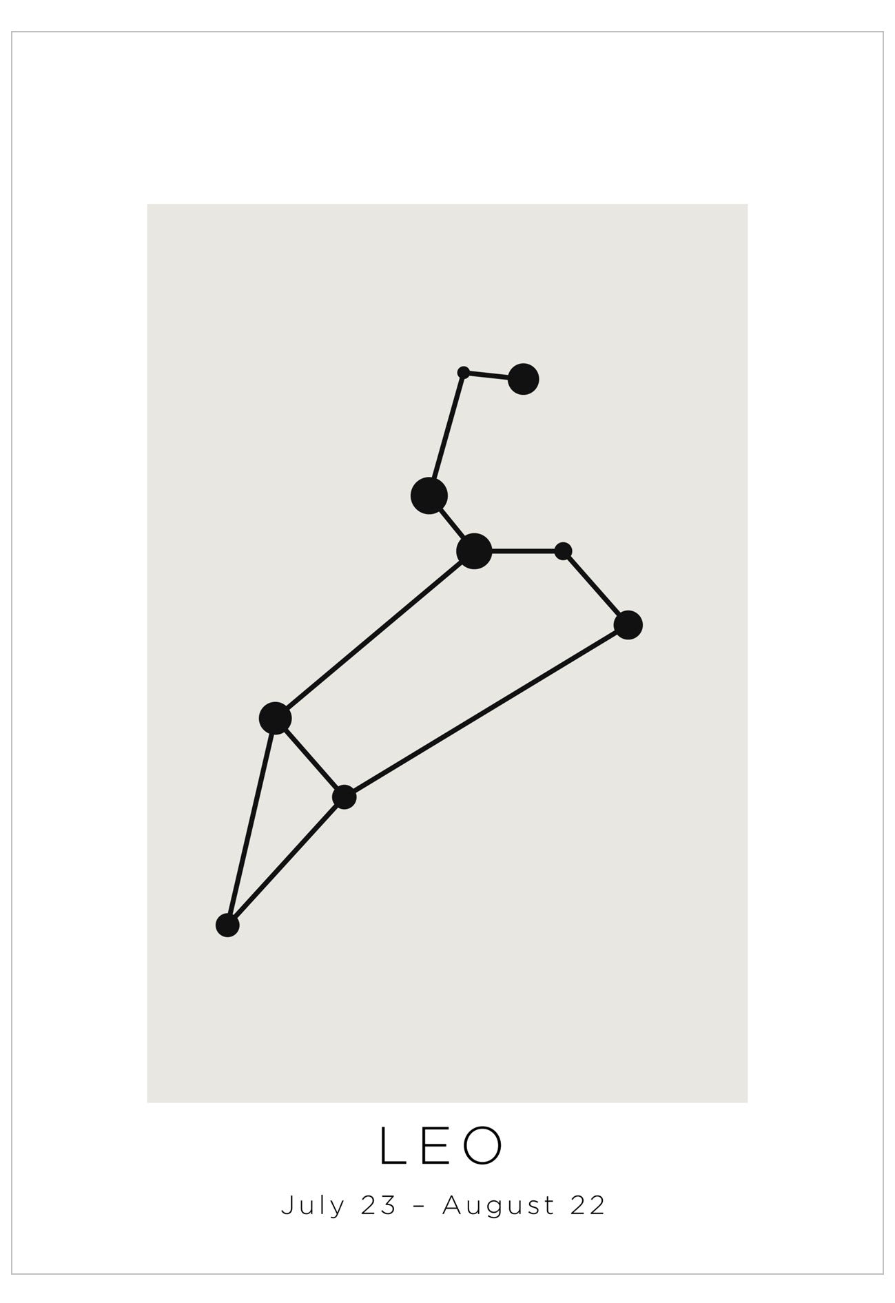 Leo constellation diagram with date range on a light gray background