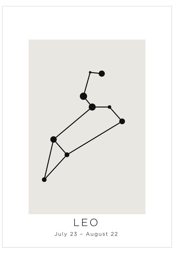 Leo constellation diagram with date range on a light gray background