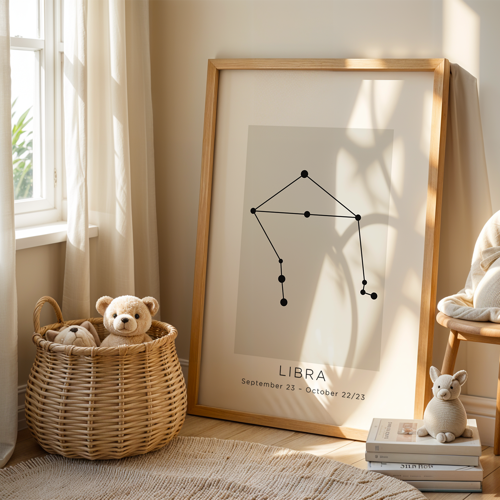 Room interior with a framed Libra constellation poster, teddy bears, and a chair.