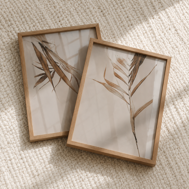 Two wooden-framed prints of leaf patterns on a textured beige surface