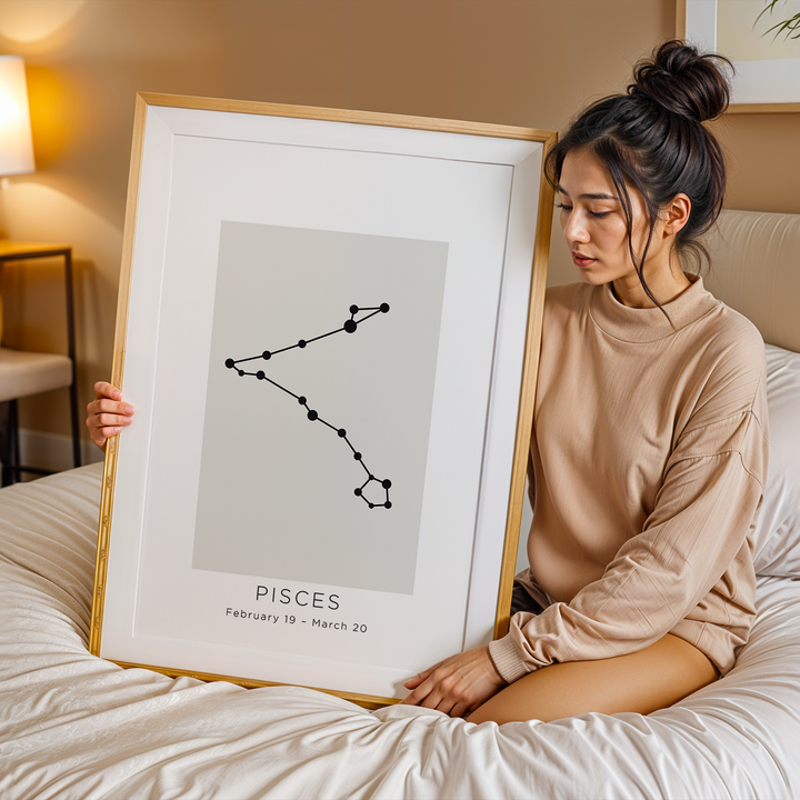Woman holding a framed Pisces constellation poster in a cozy bedroom.
