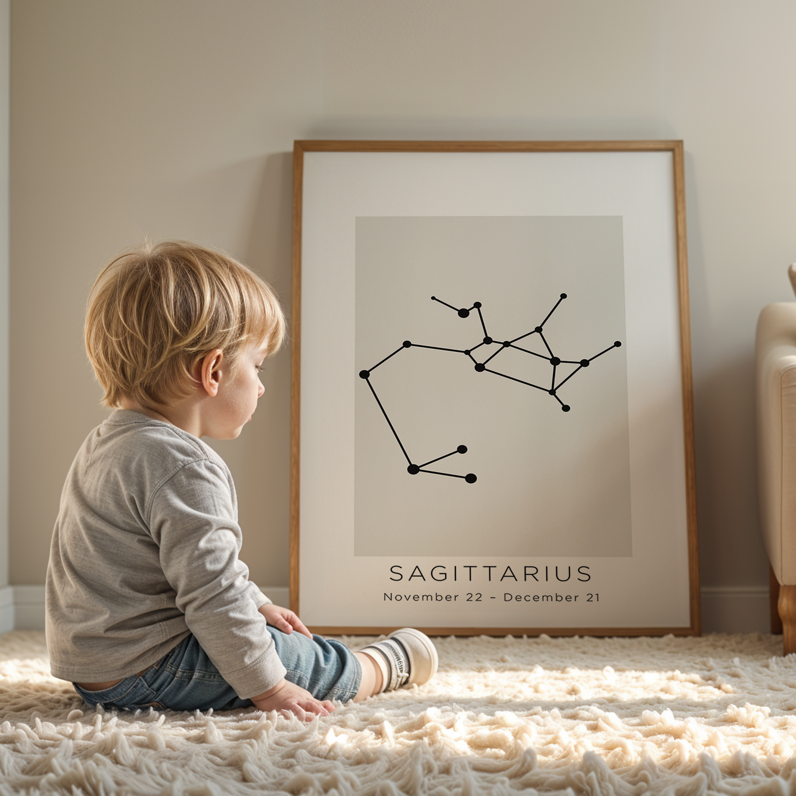 Child sitting on a rug looking at an Sagittarius constellation poster in a room with a couch and window.