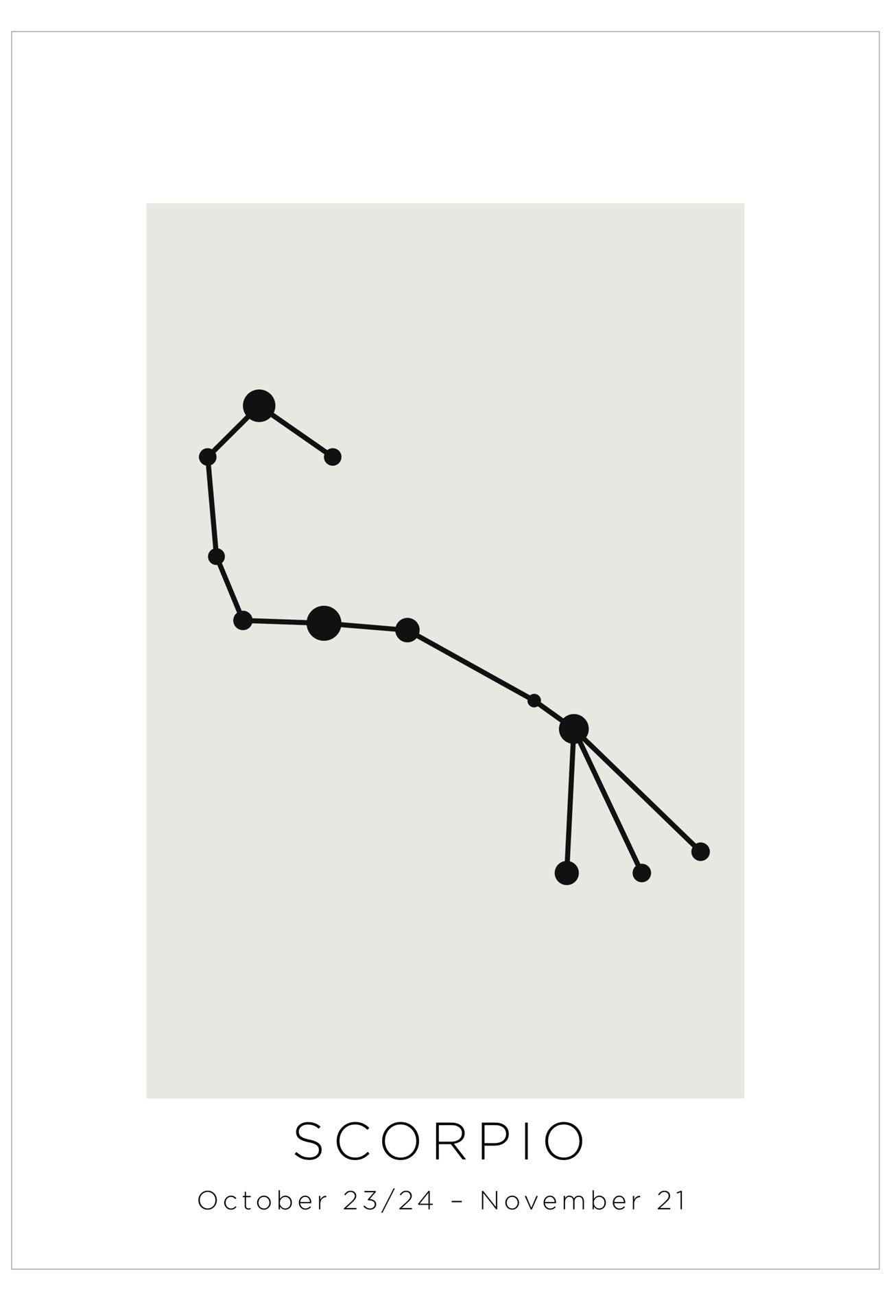 Black Scorpio constellation diagram on a light gray background