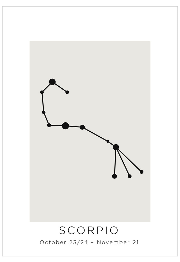 Black Scorpio constellation diagram on a light gray background