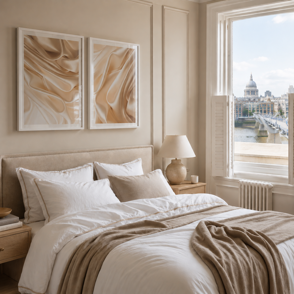Neatly made bed in a bedroom with abstract art and a cityscape view.