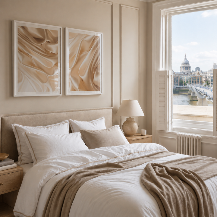 Neatly made bed in a bedroom with abstract art and a cityscape view.