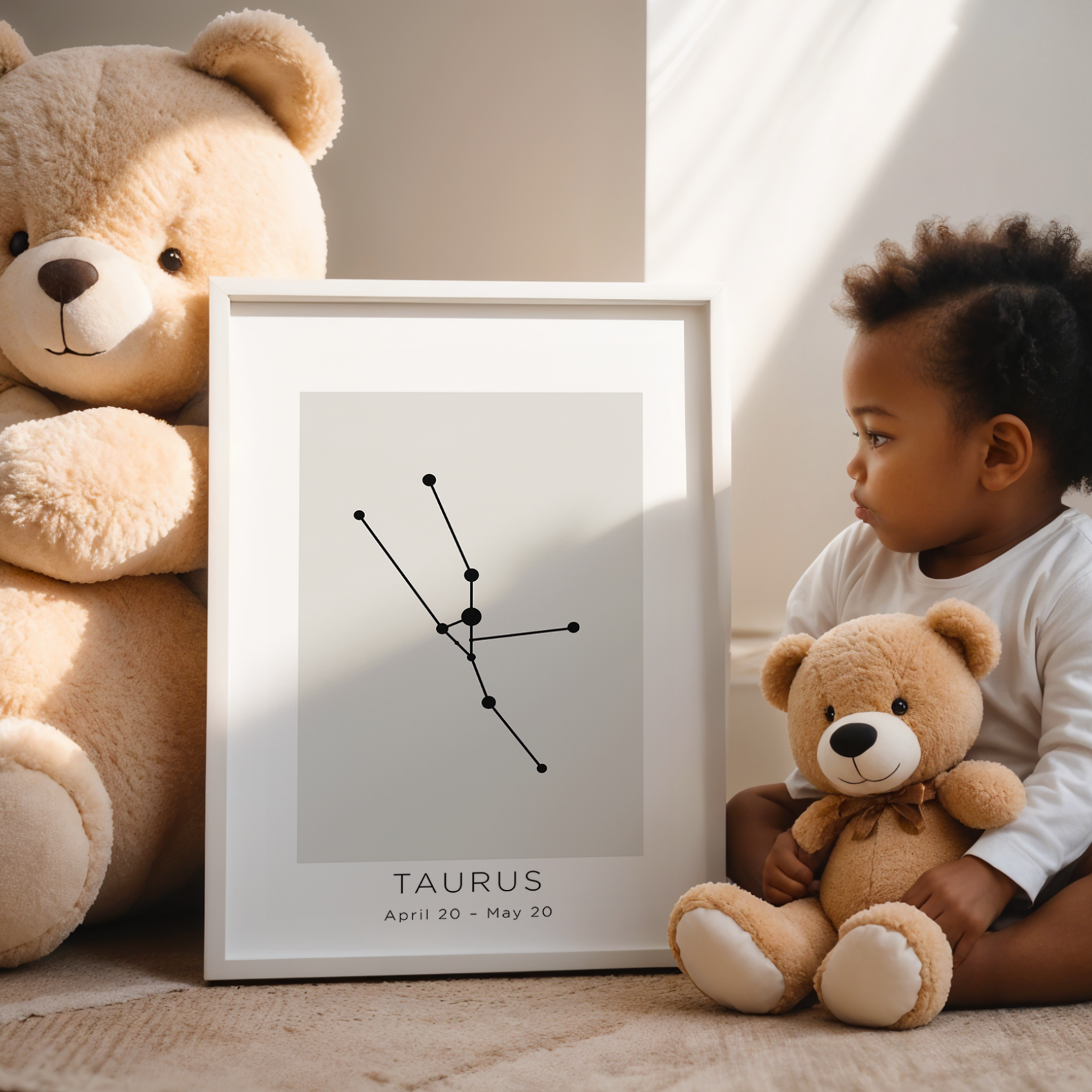 Child holding a teddy bear next to a framed Taurus zodiac sign on a carpeted floor.