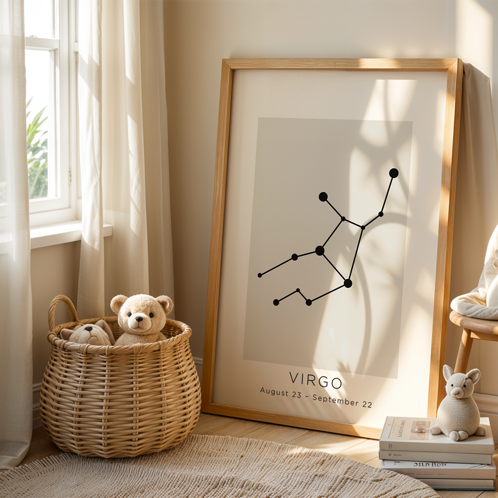 Room interior with a framed Virgo constellation poster, teddy bears, and a chair.