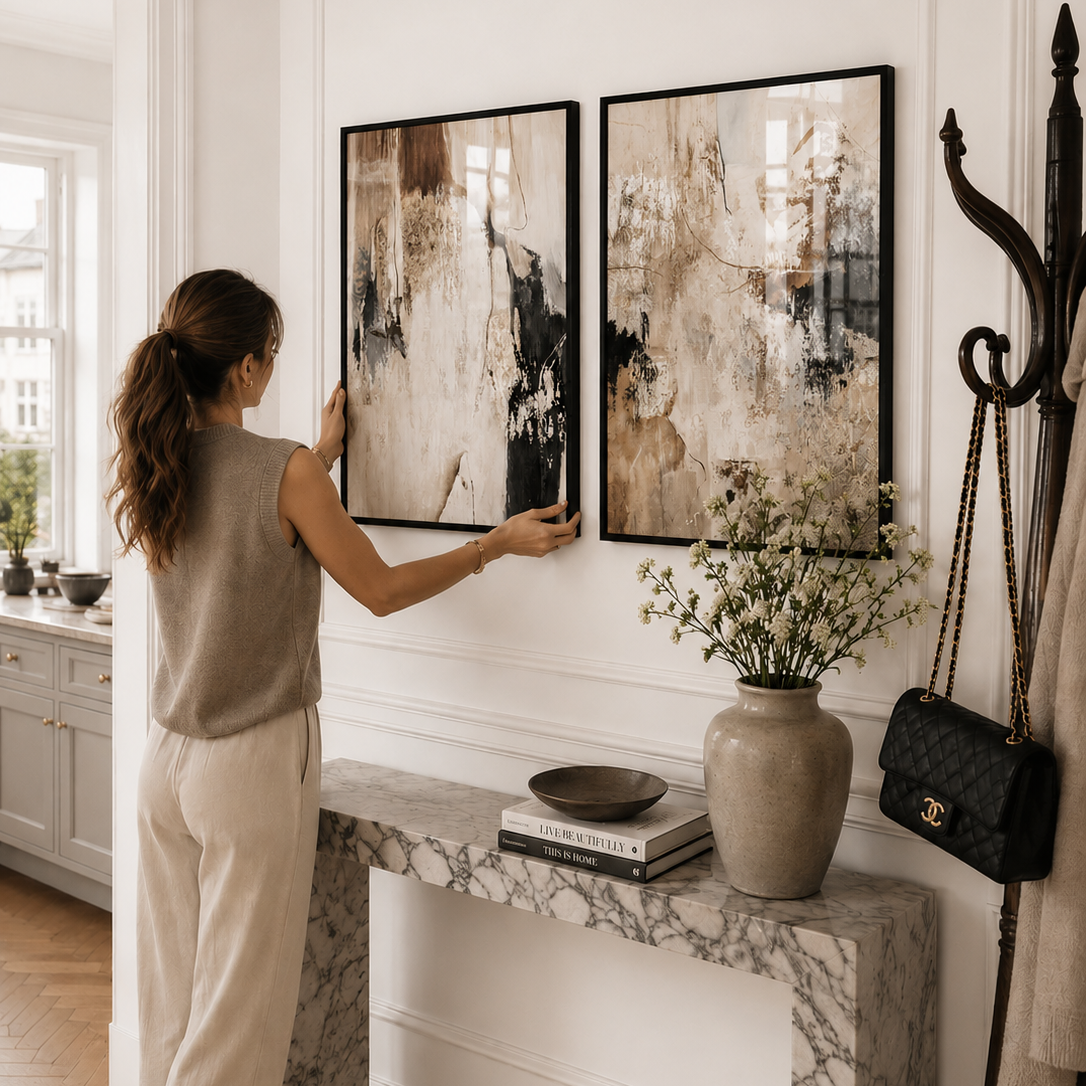 Woman arranging two framed artworks on a wall above a marble console table.