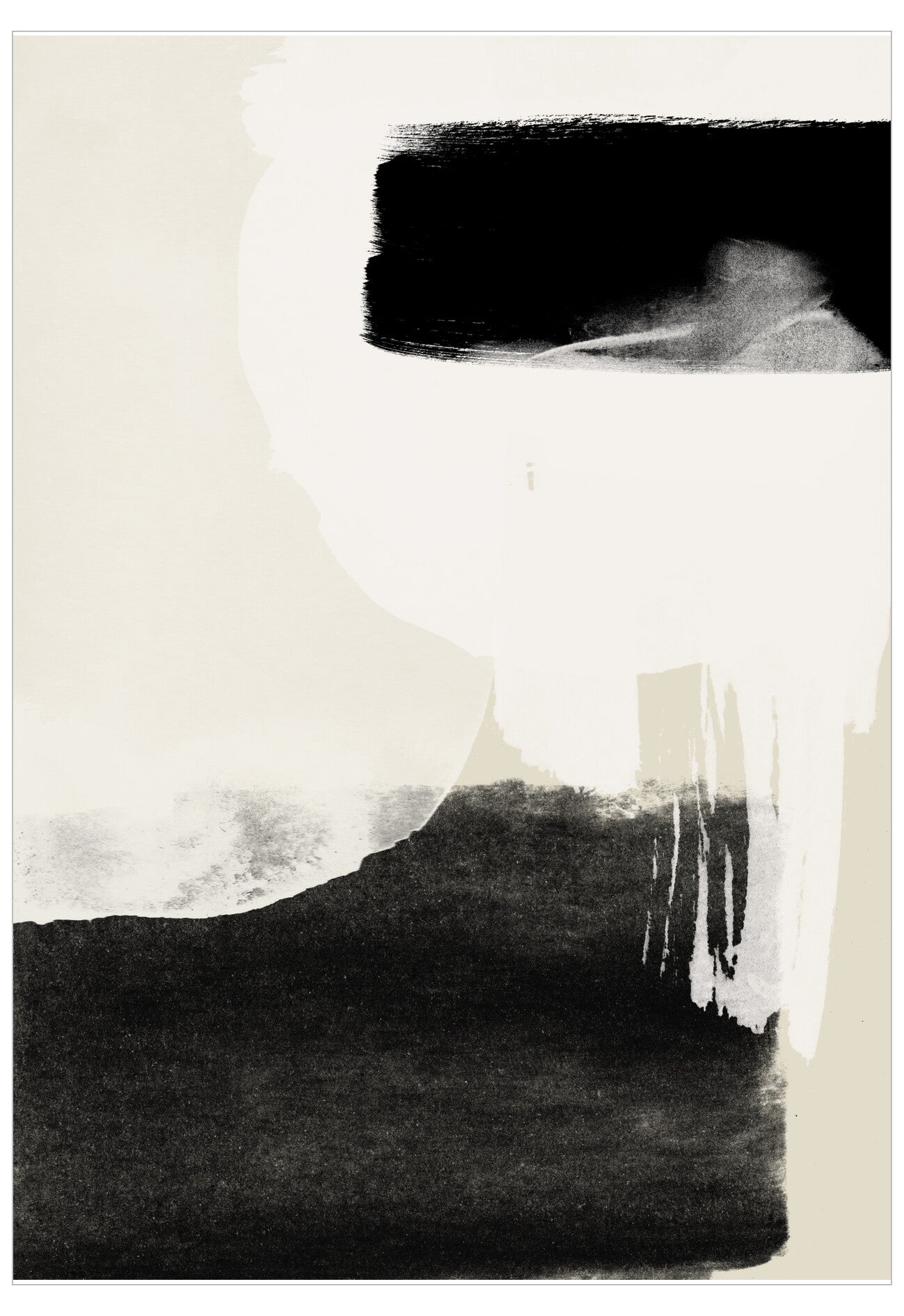 Abstract black and white artwork with brush strokes on a white background