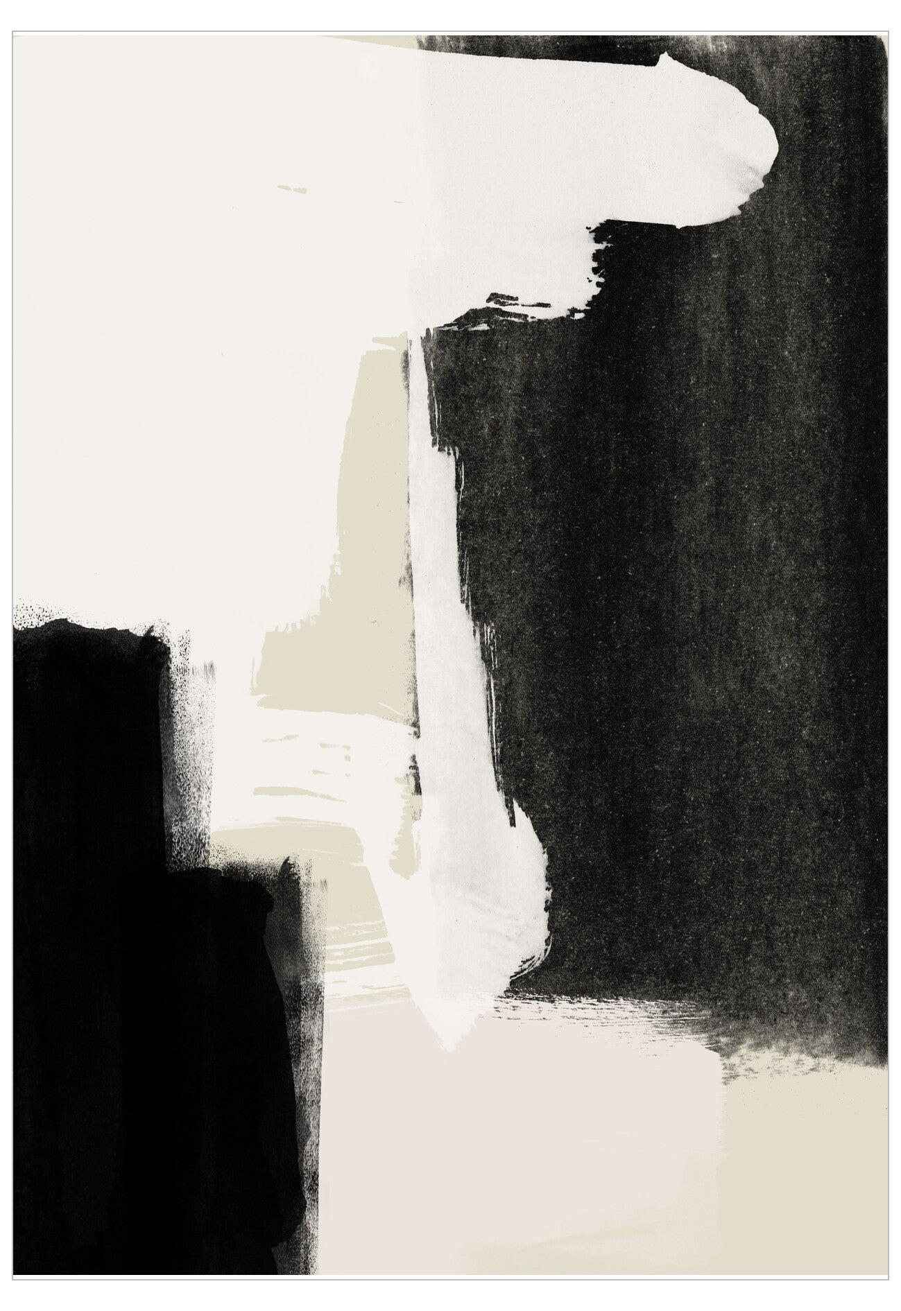 Abstract art piece with black and white brush strokes on a textured background