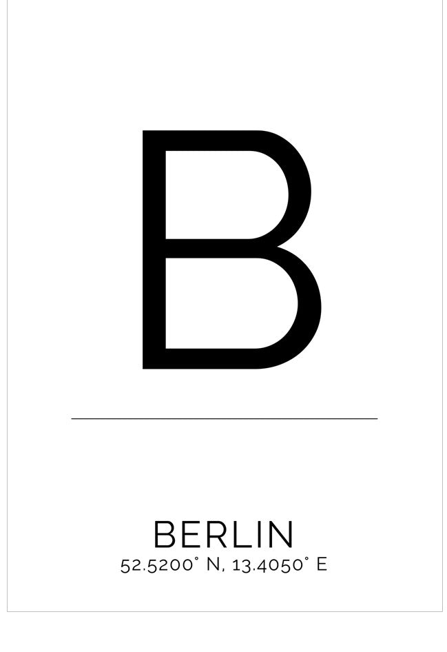 Black letter 'B' on a white background with text 'BERLIN' and coordinates below.