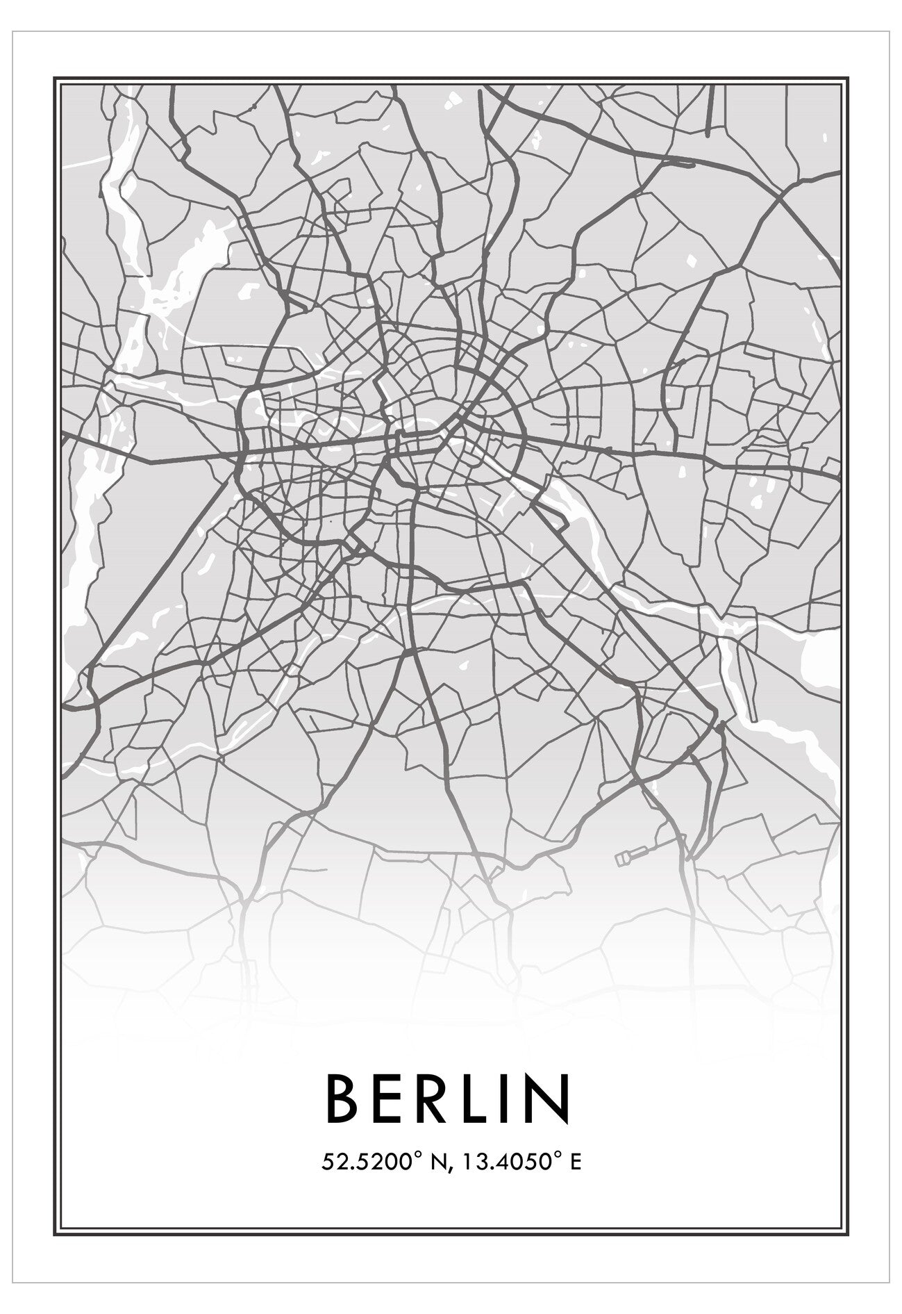 Black and white map of Berlin with coordinates