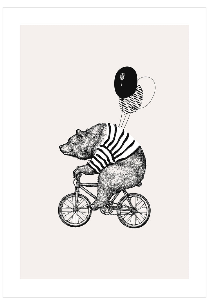 Illustration of a bear riding a bicycle with a striped shirt and balloon, on a white background.