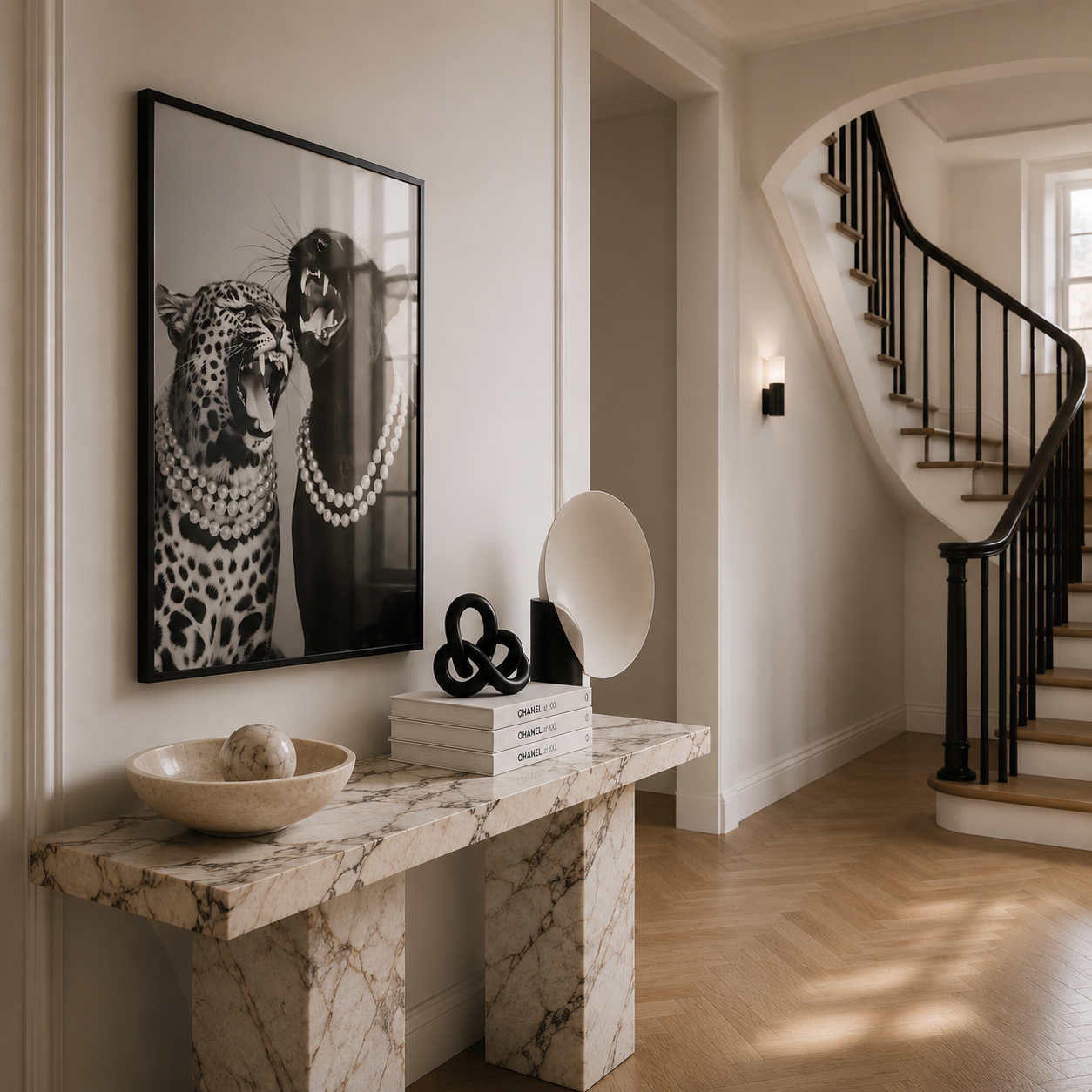 Modern interior with marble console table, artwork of leopards, and staircase.