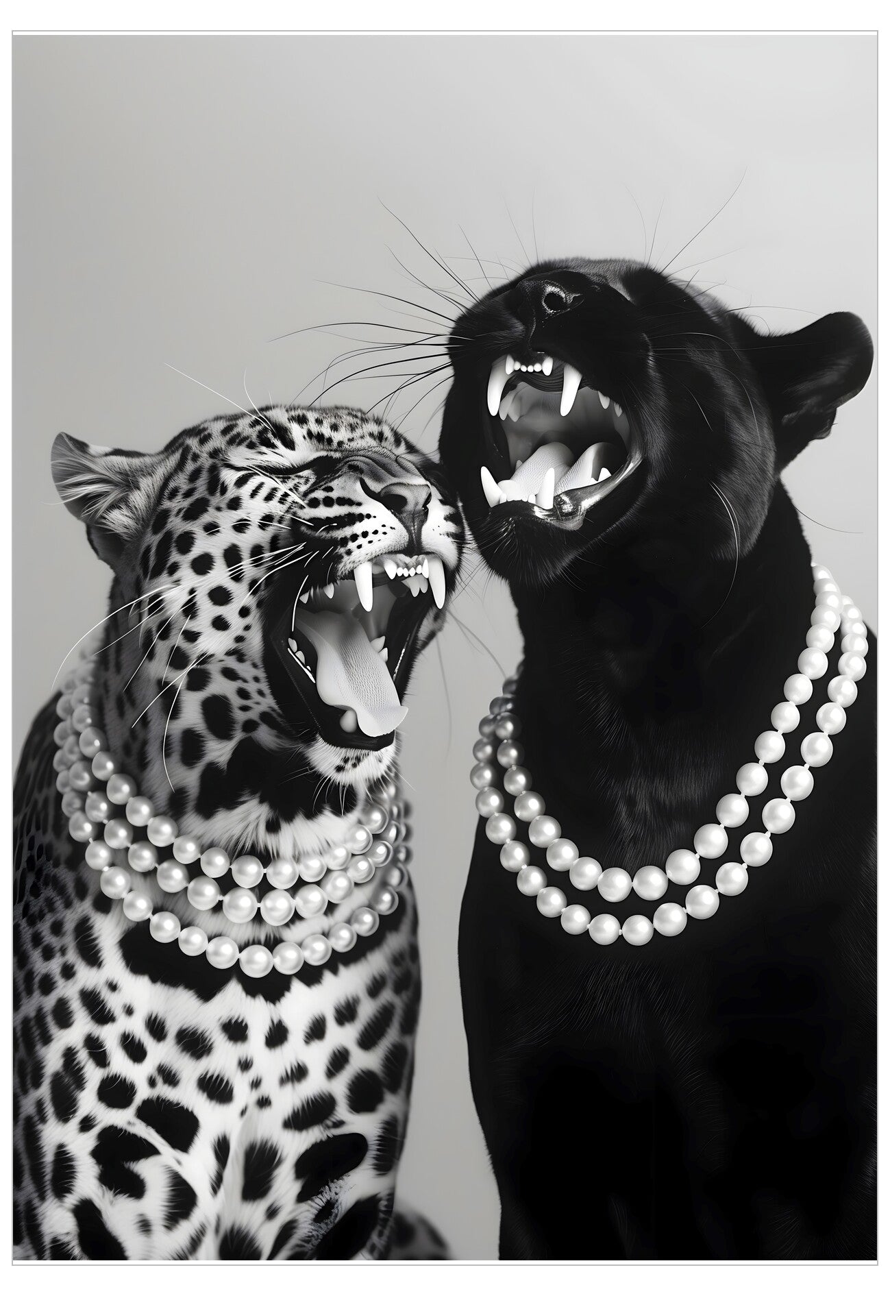 Two leopards, one black and one white, wearing pearl necklaces on a light gray background.