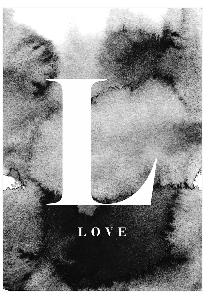 Black and white abstract design with the letter 'L' and the word 'LOVE'.