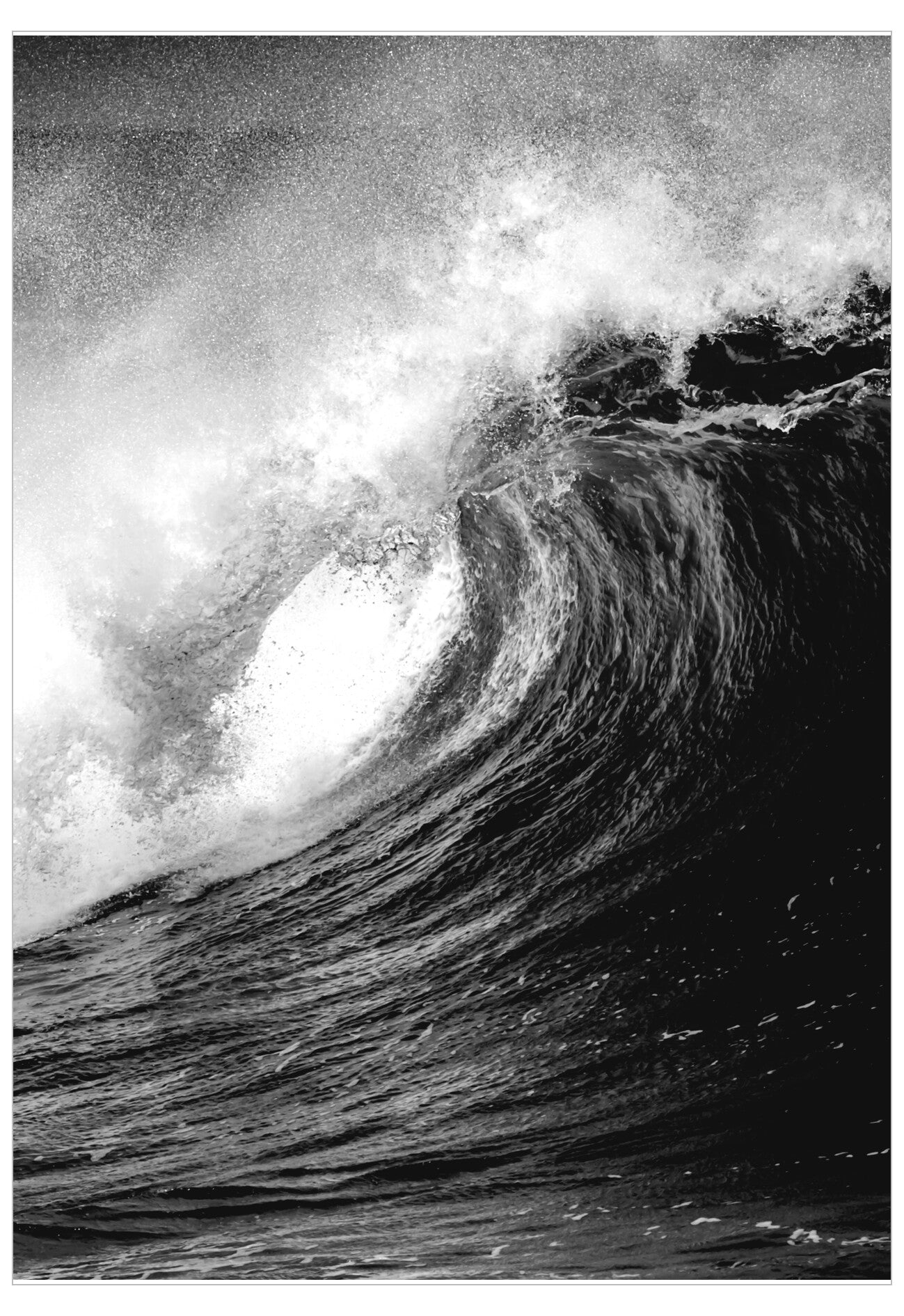 Black and white image of a large wave with frothy water.