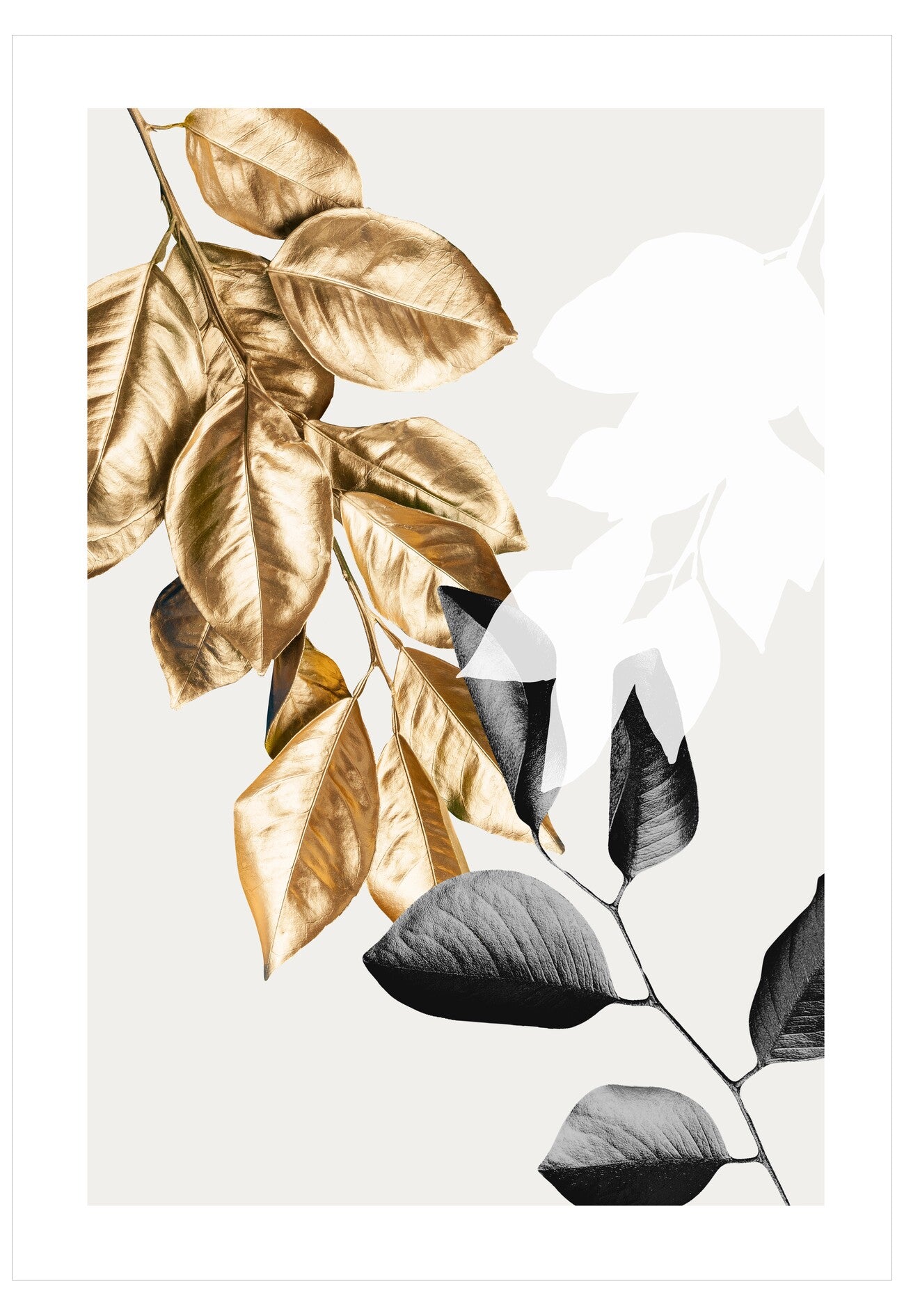 Decorative print with gold and black leaves on a white background
