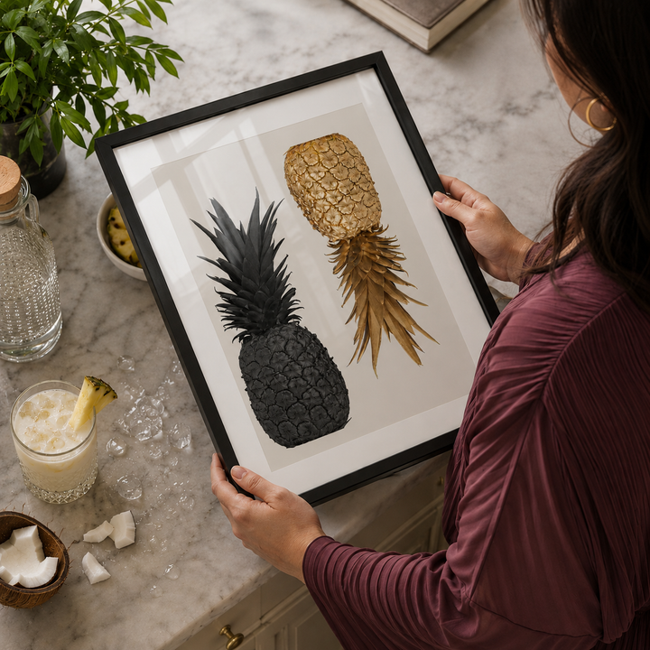 black and gold pineapple art in a black wooden frame in a luxury kitchen 