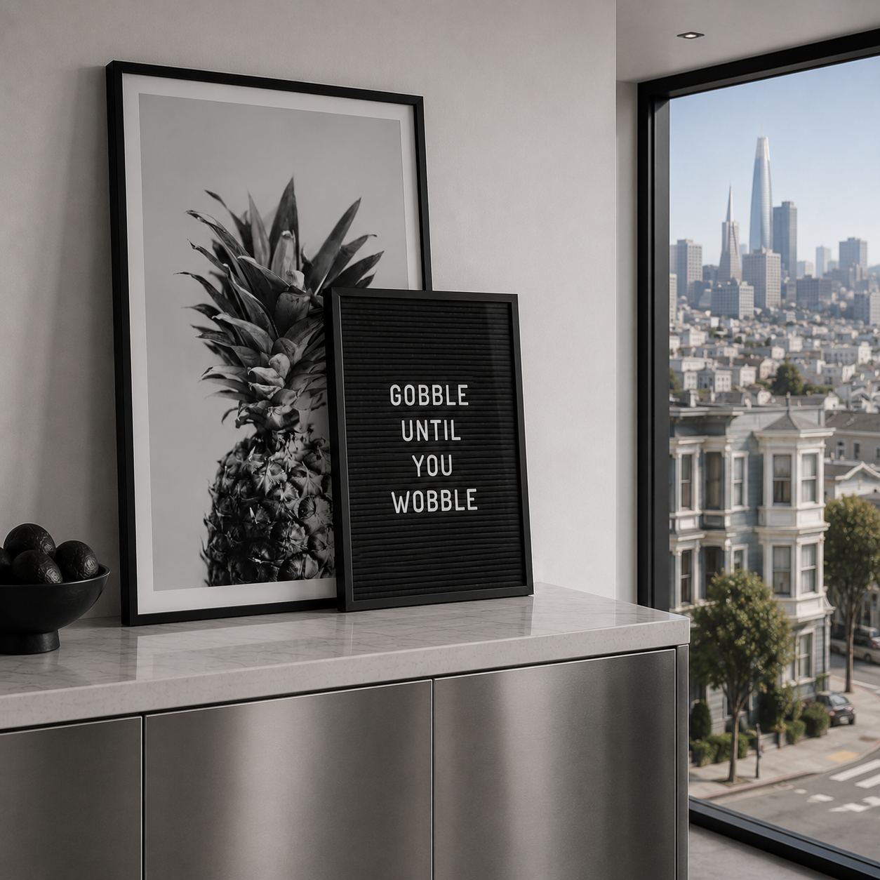 Kitchen posters in stylish san franscisco apartment