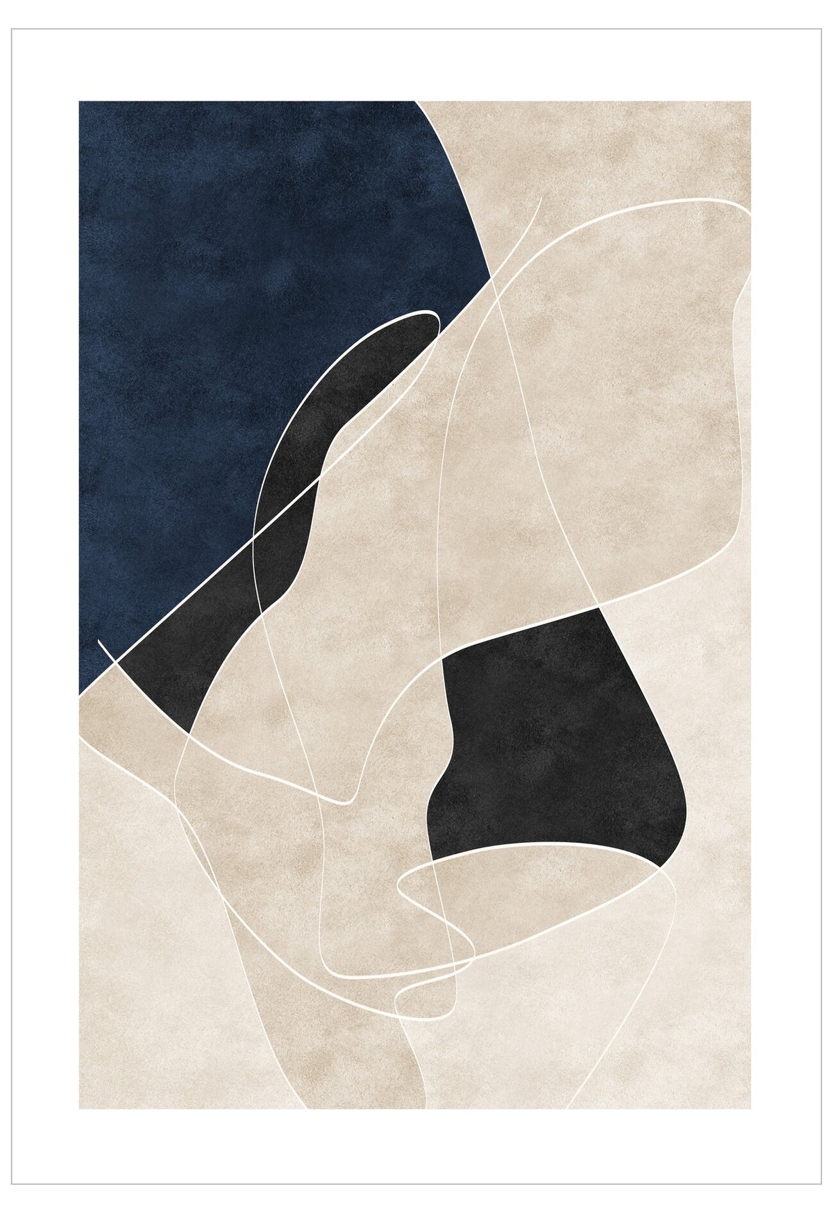 Abstract art print with geometric shapes on a beige and navy background