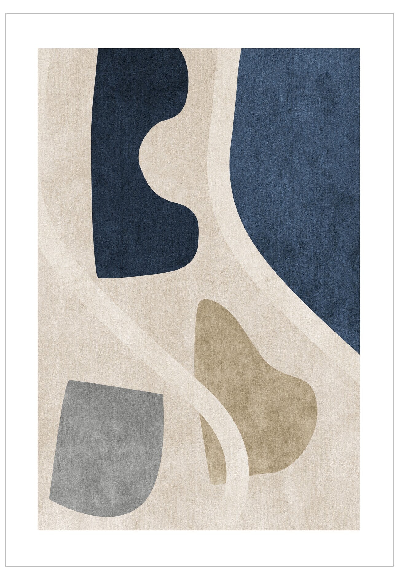 Abstract art print with geometric shapes in blue, beige, and gray on a white background