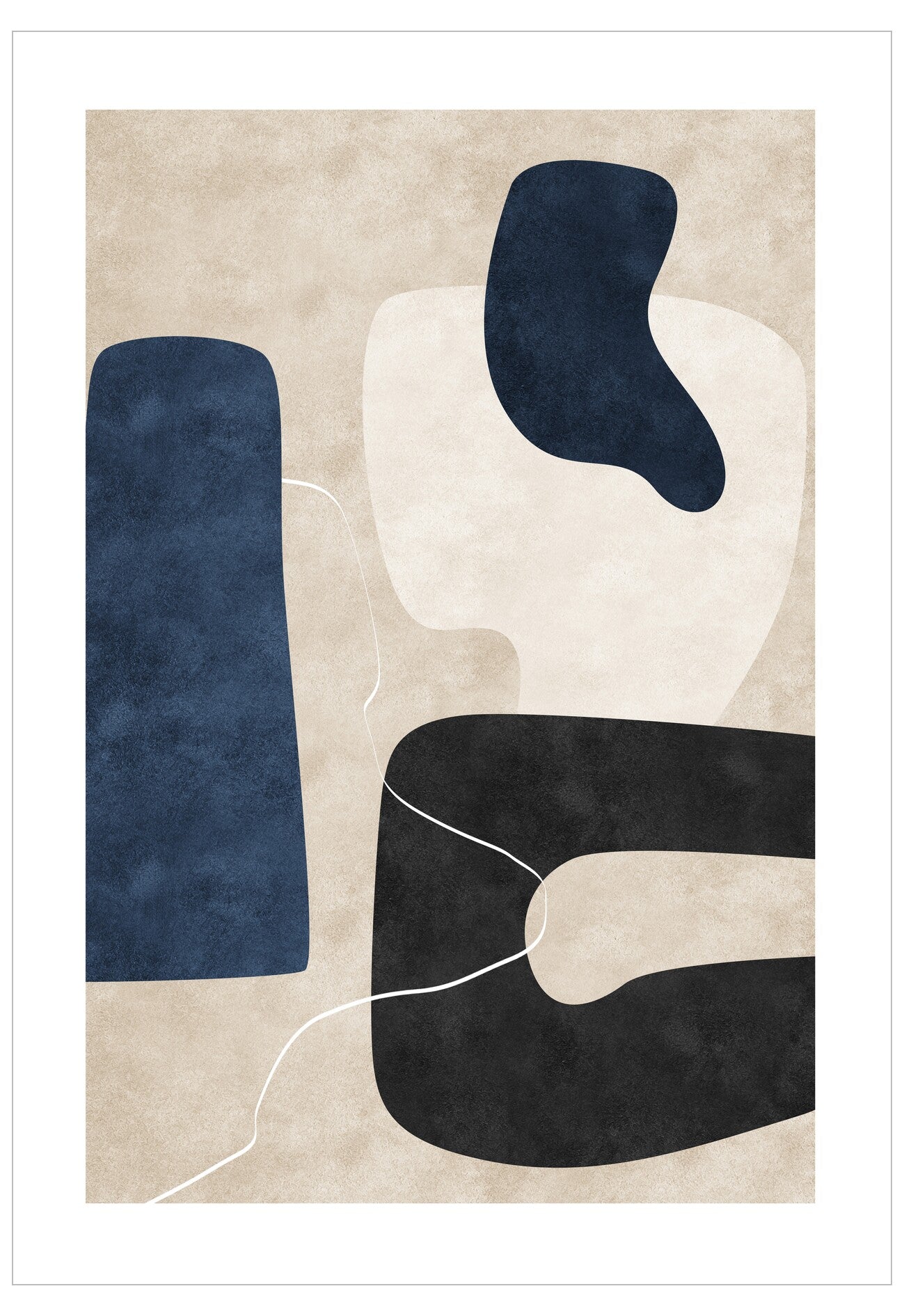 Abstract art print with geometric shapes in blue, black, and white on a beige background